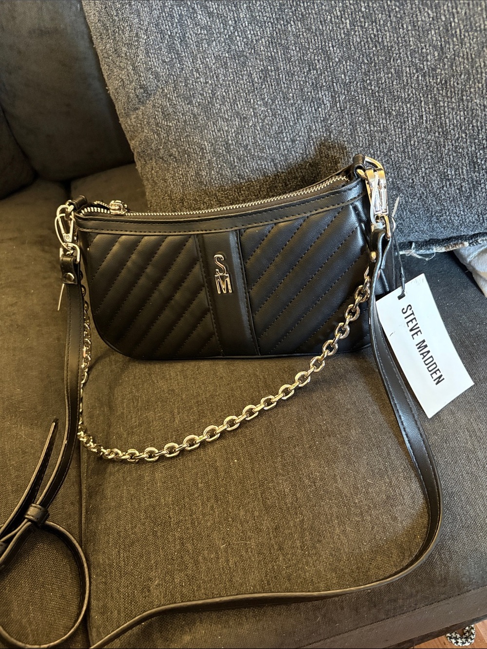Steve Madden Black Quilted Crossbody with Chain Accent